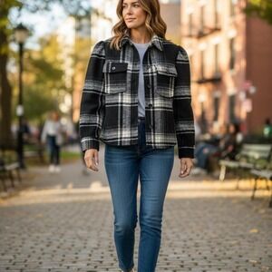 GAP‎ Puff Sleeve Cropped Wool Shirt Jacket Plaid Black White L